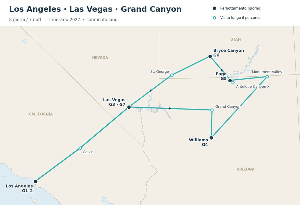 Mappa del tour Il Grande Ovest: Los Angeles, Calico, Las Vegas, Grand Canyon, Williams, Monument Valley, Page, Antelope Canyon X, Bryce Canyon