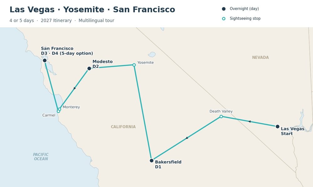 Map of the West Coast Express tour: Las Vegas, Death Valley, Bakersfield, Yosemite, Modesto, Monterey, Carmel, San Francisco