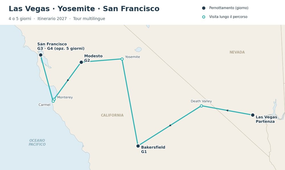 Mappa del tour West Coast Express: Las Vegas, Death Valley, Bakersfield, Yosemite, Modesto, Monterey, Carmel, San Francisco