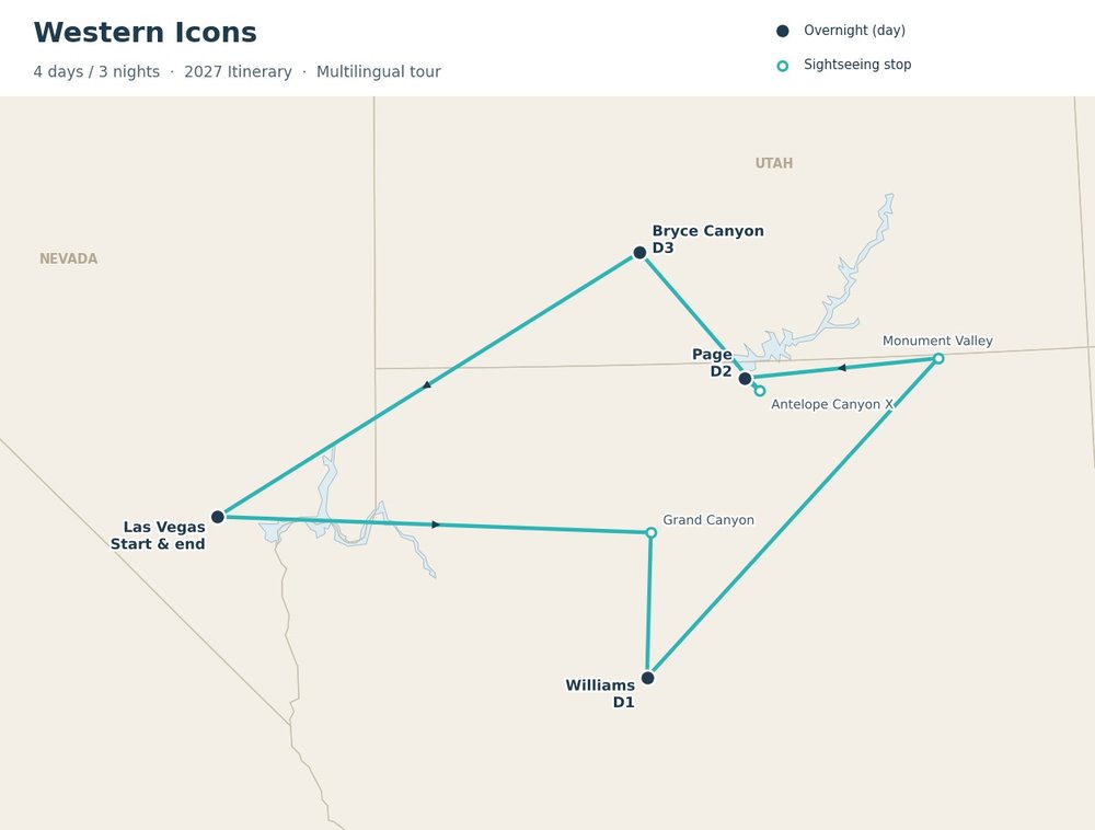 Map of the Western Icons tour: Las Vegas, Grand Canyon, Williams, Monument Valley, Page, Antelope Canyon X, Bryce Canyon