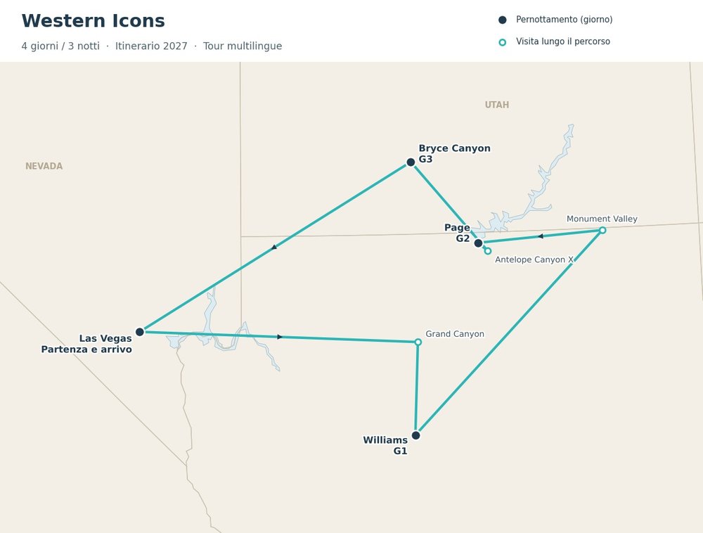 Mappa del tour Western Icons: Las Vegas, Grand Canyon, Williams, Monument Valley, Page, Antelope Canyon X, Bryce Canyon